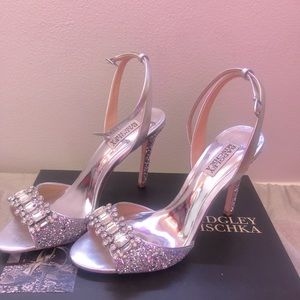 Badgley Mischka embellished 4-inch heels, ankle straps.